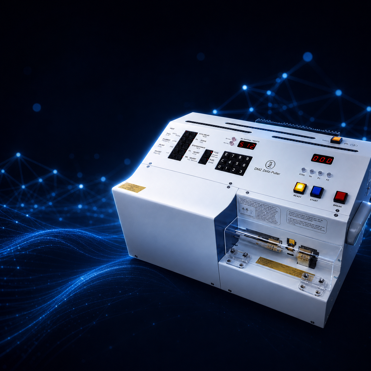ZEITZ DMZ Universal Electrode Puller in a premium DeepTech scientific hero scene with electric-blue AI network lighting.