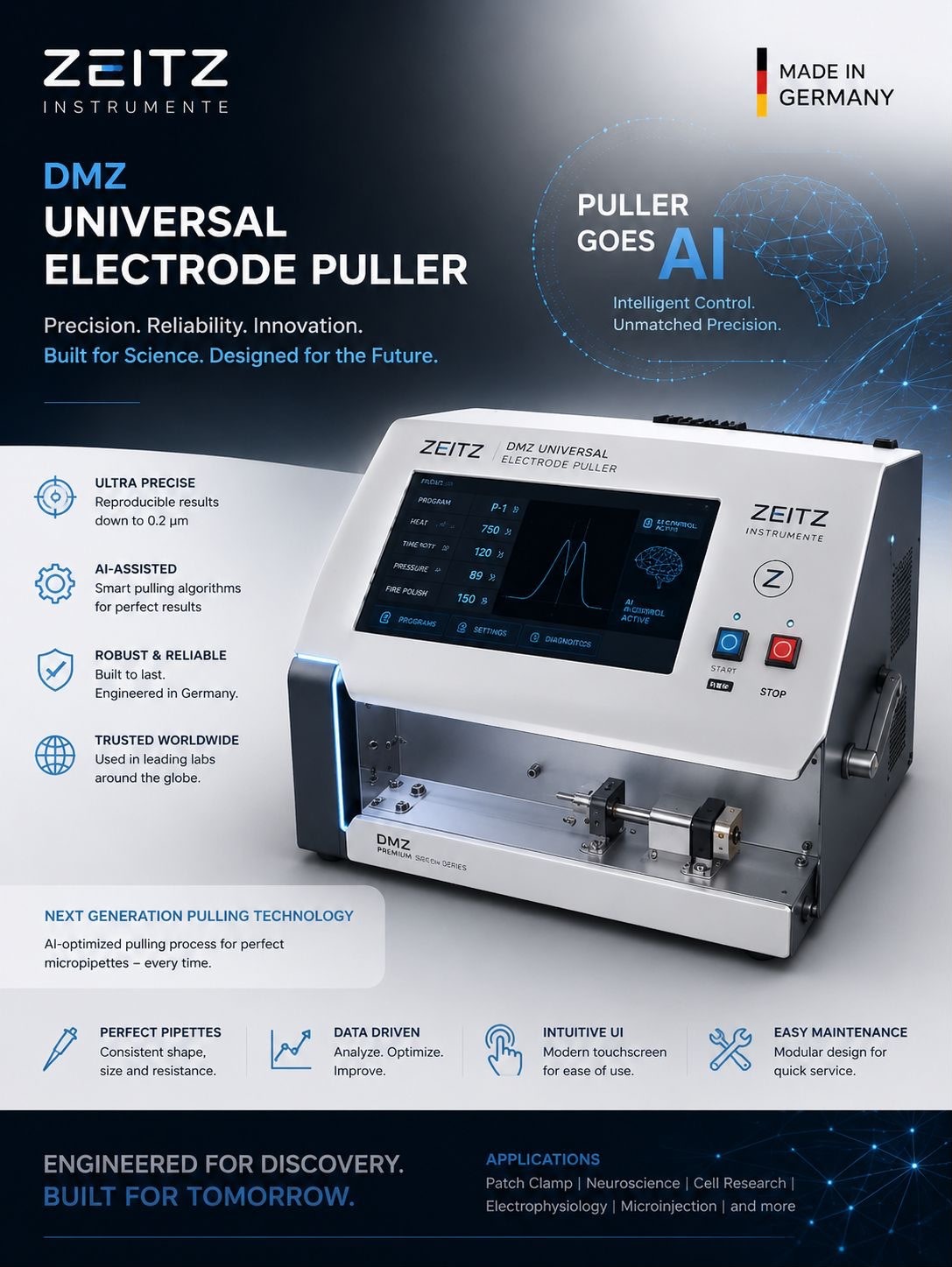 ZEITZ DMZ Universal Electrode Puller AI data sheet preview with Made in Germany engineering details.